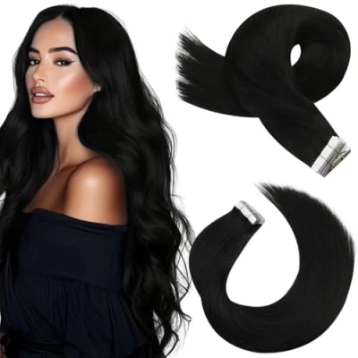 Image of Moresoo Human Hair Tape in Extensions Black Real 24 Inch Natural 20 Pieces/50g #1B