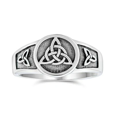 Image of Personalized Unisex Ancient Viking Celtic Infinity Trinity Knot Triquetra Signet Ring for Women Oxidized .925 Sterling Silver Customizable