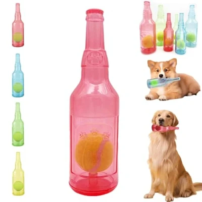 Image of LLELEMAMO Crunch Play bottle toy, Crunchnplay Toy for Dogs, 9.7&quot;/7.7&quot; Rubber water Dog Interesting Squeaky Toys, Outdoor Interactive Chew with Tennis Ball (Red,Small)