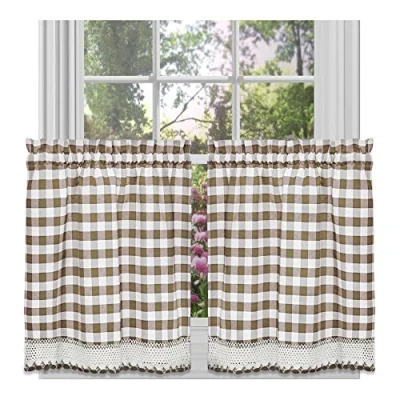 Image of Achim Home Furnishings Tier Pair Buffalo Check Window Curtain, 58 in x 36 in, Taupe &amp; Ivory
