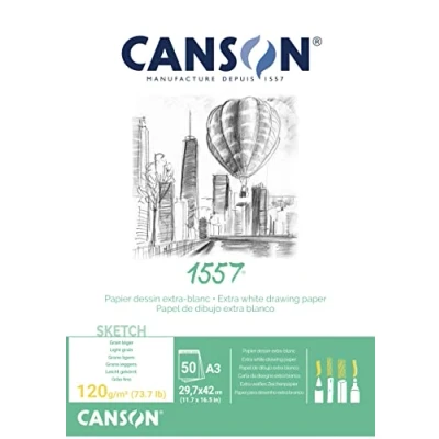 Image of CANSON 1557 120gsm A4 White Sketch Paper Pad, Light Grain, Glued Short Side, 50 Extra Sheets, Ideal for Professional Artists &amp; Students