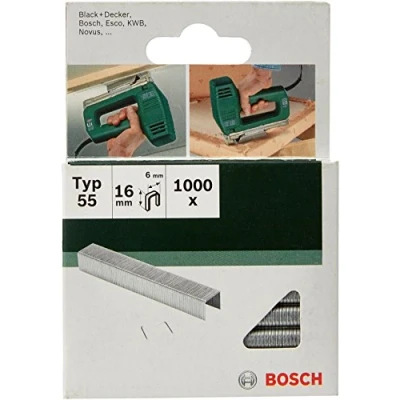 Image of Bosch 1000x Narrow Crown Staples Type 55 (Textiles, carpet, Acoustic panels, Lawn 6 x 1.08 16 mm, Accessories Tacker, Staple Gun)