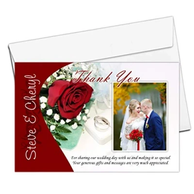Image of 10 Personalised Red Rose Wedding Thank You Photo Cards N147