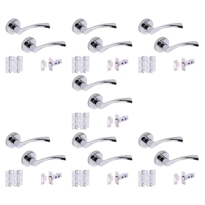 Image of HANDLEZONE® 7 Sets Lobo Internal Door Handles on Rose Lever Latch Packs with 75mm Ball Bearing Hinges and 76mm Latches Polished Chrome