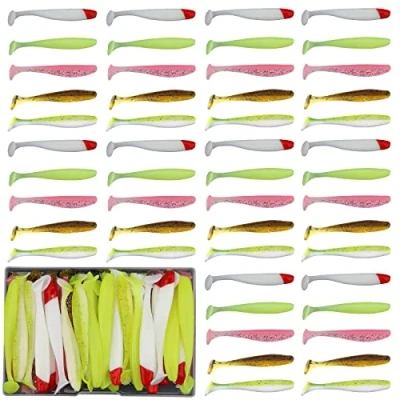 Image of Funzhan 50Pcs Soft Lures Swimbaits Fishing Bass Plastic Paddle Tail Luya Bait Portable Box Proven Colors for Trout Salmon Redfish Freshwater Saltwater