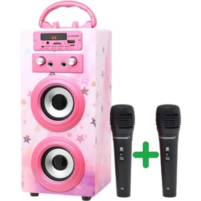 Image of DYNASONIC Karaoke Machine with 2 Microphones, Portable Bluetooth Speaker Lights, USB and SD Reader, Gift for Children (Model 15)