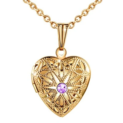 Image of MicLee Ladies Necklace Photo Locket Pictures Amulet Purple Cubic Zirconia Heart Pendant Stainless Steel with Gift Box Greeting Card