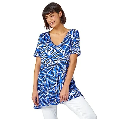 Image of Roman Womens Abstract Print Jersey Tunic Top Blue Size 10 UK