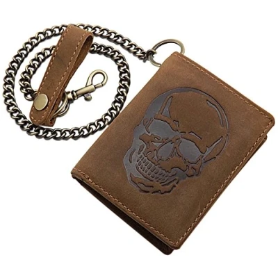 Image of myledershop Buffalo Full Leather Biker Wallet with Metal Chain Skull Motif RFID &amp; NFC Blocking in Black or Brown (Brown)