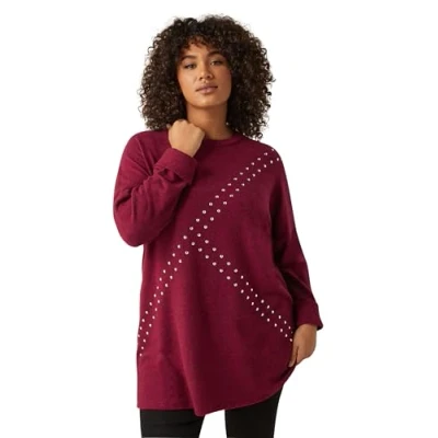 Image of EVANS Curve Red Stud Longline Jumper Women&#039;s Plus Size