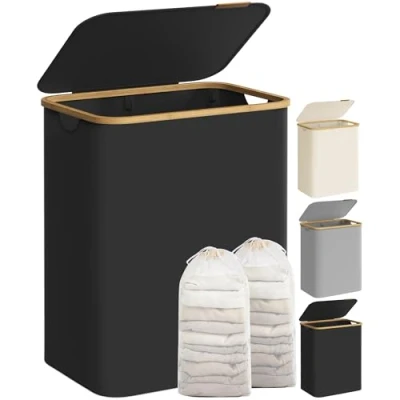 Image of SONGMICS Laundry Basket with Lid, 2 Section Large Hamper, 130L, Removable Mesh Liner, Oxford Fabric, Bamboo Handles, Collapsible, 52 x 38.5 70.5 cm, Ink Black LCB513B01