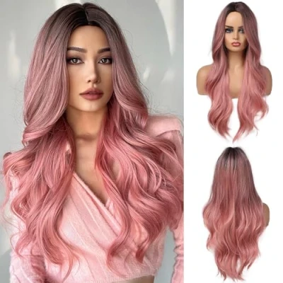 Image of OUFEI Long Wavy Ombre Pink Wig for Women Natural Synthetic Hair Heat Resistant Wigs with Dark Roots Daily Party Cosplay Wear
