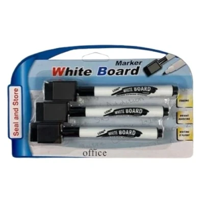 Image of Seal and Store Black Magnetic Dry Wipe Markers Whiteboard Pens with Eraser 3 Pack