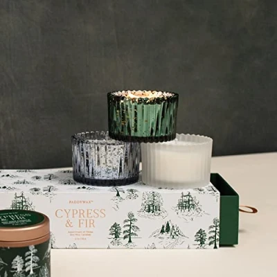 Image of Paddywax Holiday Candles Cypress &amp; Fir Frosted Glass 3 Wick Luxury Artisan Scented Candle, 425g, White