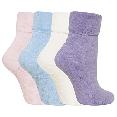 Image of Soxy Super Soft Ladies Bed Socks 4 Pack Women&#039;s Fleece Lined Brushed Thermal Slipper Anti Slip with Gripper Sole Assorted Colours UK Shoe Size 6