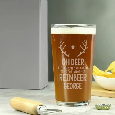 Image of Custom Personalised Time for A Reinbeer Pint Glass. Him, Christmas, Stocking Filler