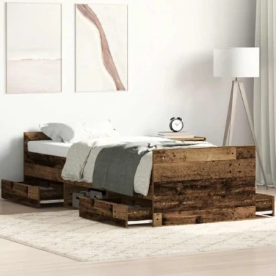 Image of vidaXL Single Bed Frame Engineered Wood Storage with Drawers &amp; Headboard, 90x190 cm, Old Finish for Bedroom
