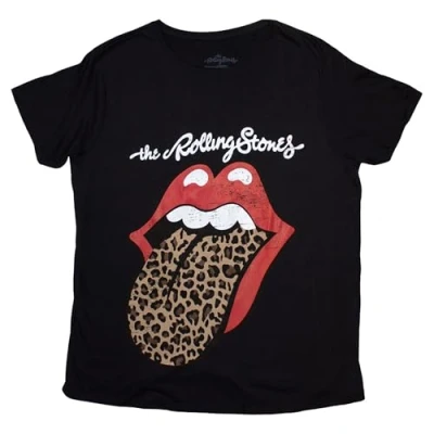 Image of Paradiso Clothing THE Rolling Stones Leopard Tongue Boyfriend FIT Print Tshirt, Women&#039;s, Size: Small, Black