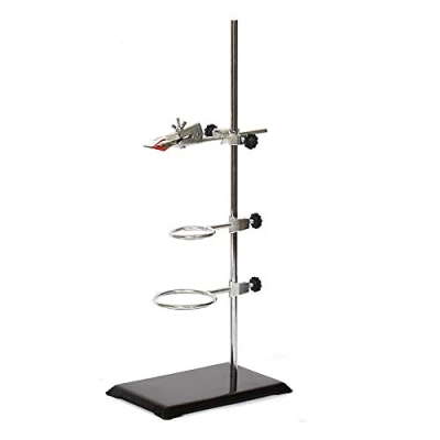 Image of Laboratory Retort Support Stand for Titration Extraction with a Burette Clamp and 2 Flask Ring Clamps, Used in Chemistry or Physics Lab MissZM
