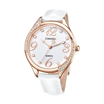 Image of COMTEX Ladies Watch White Large Dial Face Crystal Diamante Leather Strap (Rose Gold)