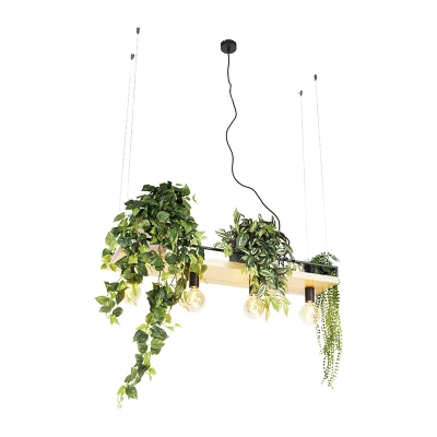 Image of Qazqa Industrial Dining Room I Table Pendant Lamp Light Ceiling Black with Wood 4 Shelf Suitable for LED E27
