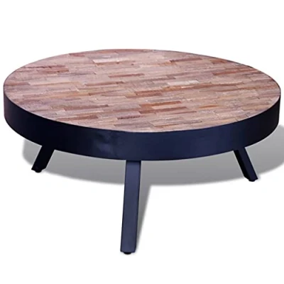 Image of vidaXL Round Coffee Table with Reclaimed Teak Wood Rustic Vintage Style Side Painted Iron Legs for Living Room