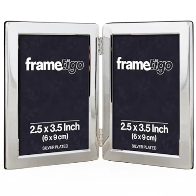 Image of Frametigo Silver Plated Flat Edge Double Photo Frame Fits Size 2.5&quot;x3.5&quot; (6x9cm)