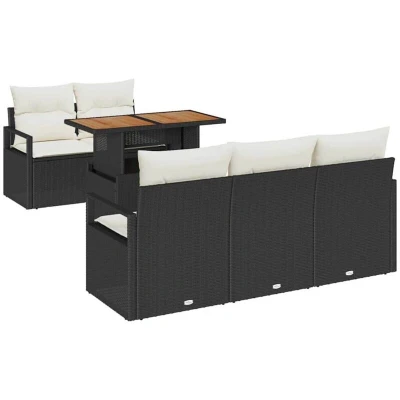 Image of vidaXL 6 Piece Garden Sofa Set with Cushions Black Poly Rattan Acacia