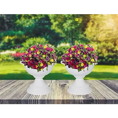 Image of Shop4allsorts 2 x White Grecian Urn Patio Planters Plastic Garden Plant Pot Flower Bowl 42cm