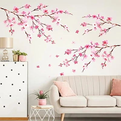 Image of DECOWALL DS12 2003P1903 Watercolor Cherry Blossoms Kids Wall Stickers Decals Peel and Stick Removable for Nursery Bedroom Living Room Art murals Decorations