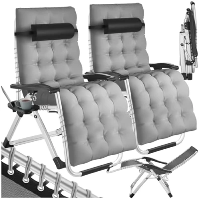 Image of TecTake® Set of 2 Sun Loungers with Adjustable Backrest &amp; Footrest, Breathable Fabric Soft Cushioning, Folding Chair Sturdy Steel Frame, Ideal Patio, Balcony Garden Chairs Light Grey