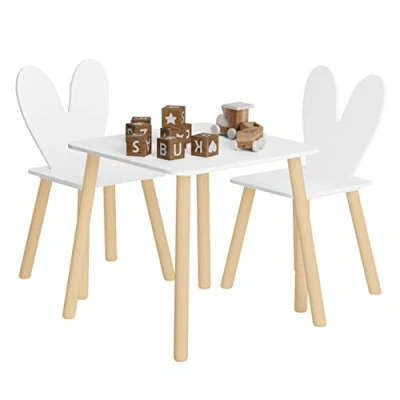 Image of WOLTU Children&#039;s Table and Chairs, Nursery with 2 for Eating Painting, Rabbit Shape, Room, Kindergarten, MDF Solid Wood, White Wood Colour, SG025ws
