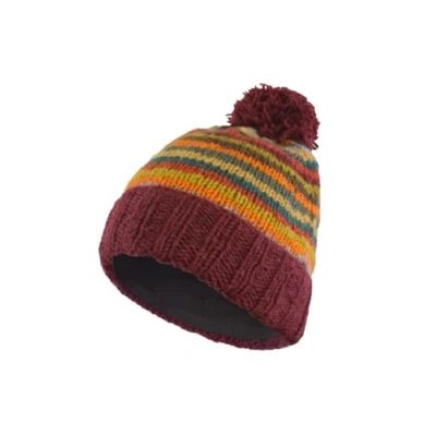 Image of Pachamama Women Wool Beanie Bobble Hat Fleece Lined Handknitted Stripe Brown Multicoloured One Size Handmade Extra Warm Fair Trade