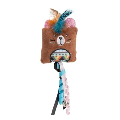 Image of House of Paws Aztec Feather Brown Bear Cat Toy Plush with Feathers