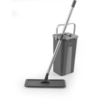 Image of Kleeneze KL028145EU7 Mop &amp; Bucket Set Flat Head Microfibre Mop, Dual Compartment 2.4L Bucket, Soak Self Wring, Dirt Scraper Remover, Swivel Easy Manoeuvrability, Suitable for Hard Floors