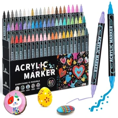 Image of Mzh Art 60 Colors Dual Tip Acrylic Paint Pens Markers, Double Premium Markers for Wood, Rock Painting, Glass, Canvas, Stone, DIY Crafts Making Supplies