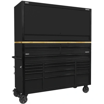 Image of Superline Pro Black Edition Mobile Trolley with Wooden Worktop 15 Drawer Hutch &amp; 2 Riser 1549mm