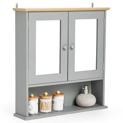Image of VonHaus Bathroom Mirror Cabinet Grey Wall with Wood Effect Top 2 Door Mirror, 3 Internal Shelves &amp; 1 Open Shelf for Toiletries Medicine Shrewsbury