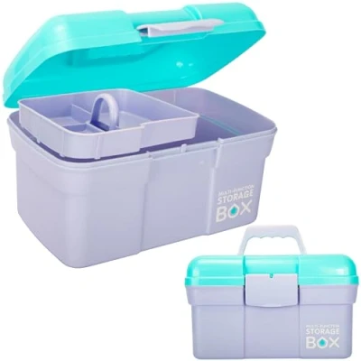 Image of Creahaus 11in Multipurpose Storage Box with Removable Tray, Plastic Small Handle, Portable Art Craft Organizer Case for Sewing, Makeup, Medicine, Nail, Hair Accessories(Blue Purple)