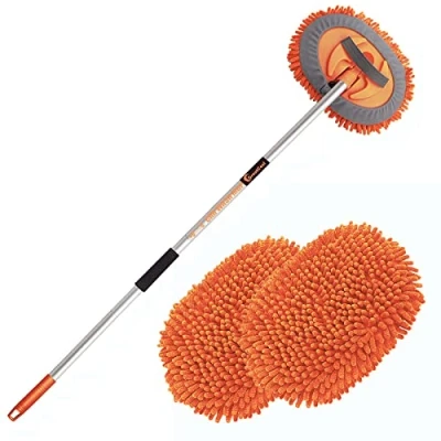 Image of GreatCool 62&quot; Car Wash Brush Kit With Long Handle, 2 in 1 Orange Chenille Microfiber Mop Cleaning Mitt for Truck SUV Cars RV Caravans and Household Clean, Scratch Free(2 x Head)