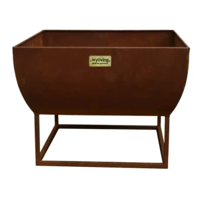 Image of Ivyline Windermere Curved Metal Firebowl in Rust with Stand UV Stable &amp; Frost Proof Decorative Contemporary Stylish Outdoor Firepit H36cm x W50cm