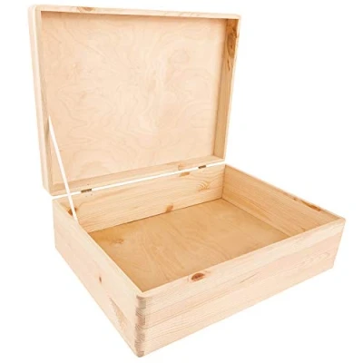 Image of Creative Deco XL Plain Wooden Storage Box 40 x 30 14 cm (+/ 1 cm) with Hinged Lid Unpainted Gift for Christmas Xmas ROUGH &amp; UNSANDED Wood Keepsake Memory Craft Chest