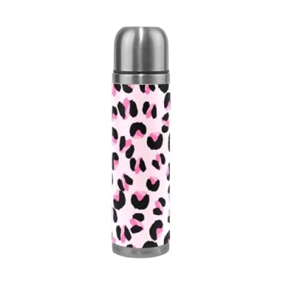 Image of Leopard Print Pink Animal Thermos Sport Water Bottle Pots Stainless Steel Insulated Vacuum Flask Leather Wrapped(500ML)