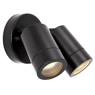 Image of ENDON Palin Twin Outside Lights Outdoor Wall IP44 Rated Mains Powered Security Spotlights Matt Black Finish Requires 2X 7W LED GU10 (Not Supplied)