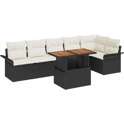 Image of vidaXL 7 Piece Garden Dining Set with Cushions Black Poly Rattan Acacia