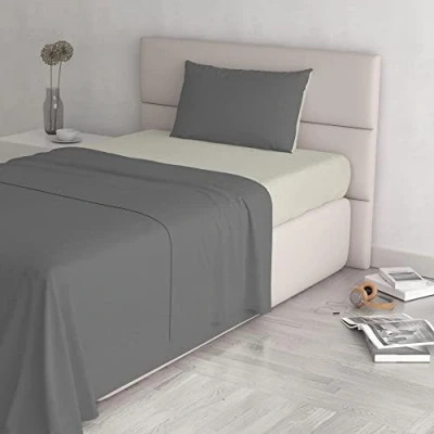 Image of Italian Bed Linen Natural Colour Sheet Set, Cotton, Dark Grey/Cream, Small Double