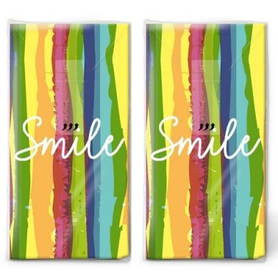 Image of 20 Individual Tissues Slogan Smile in Colour Stripes. 2 Packs of 10 Paper Handkerchiefs Printed as Gift