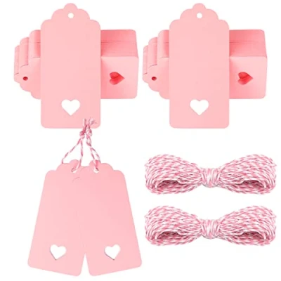 Image of G2PLUS Pink Gift Tags with Heart, 100PCS Blank Paper String, 4.5x9.5CM Large Labels for Wedding Favors, Craft Presents, 300g/m²