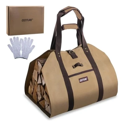 Image of Goture 20oz Waxed Canvas Firewood Carrier, Heavy Duty Log Large Bag with Dual Handles, Open Side Storage Tote for Camping and Indoor Use, 1 Pair Glove