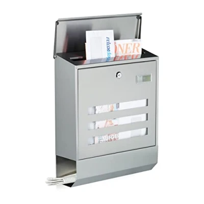 Image of Relaxdays Stainless Steel Letterbox with Newspaper Slot, Name Plate, HxWxD: 42 x 35 12.5 cm, Mailbox, Design, Silver